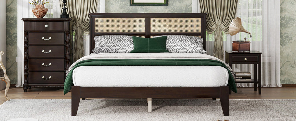 Queen Size Rubber Wooden, Solid Wooden Bed with Rattan Headboard, Enhanced by Support Feet,Espresso
