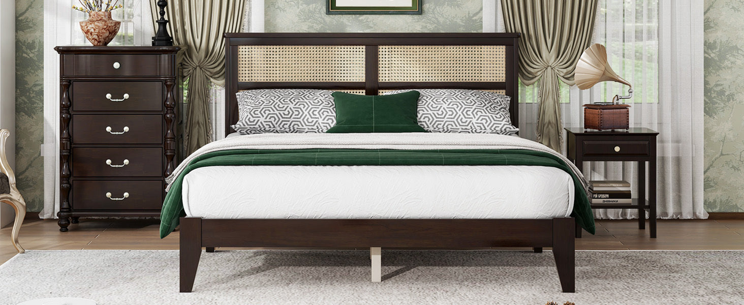 Queen Size Rubber Wooden, Solid Wooden Bed with Rattan Headboard, Enhanced by Support Feet,Espresso