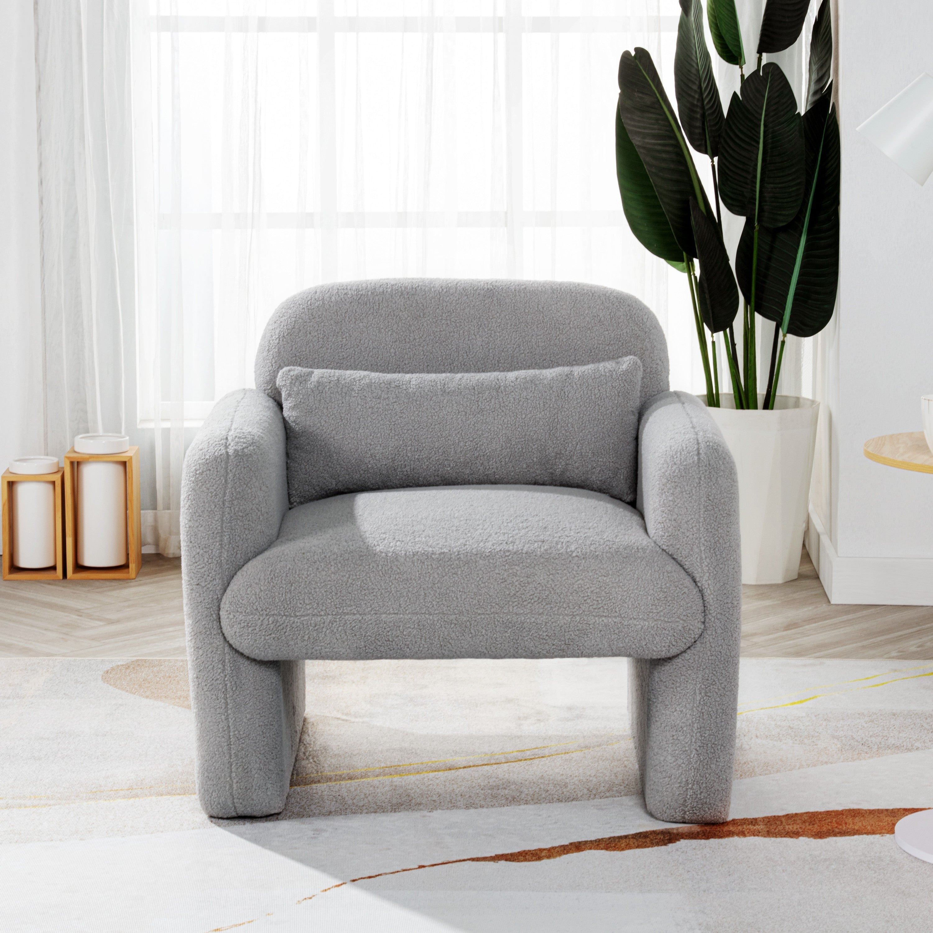 Stylish and Minimalist Teddy Fleece Single Sofa Chair with Arms and Pillow, Armchair, Accent Chair for Living Room, Bedroom, Study,Grey