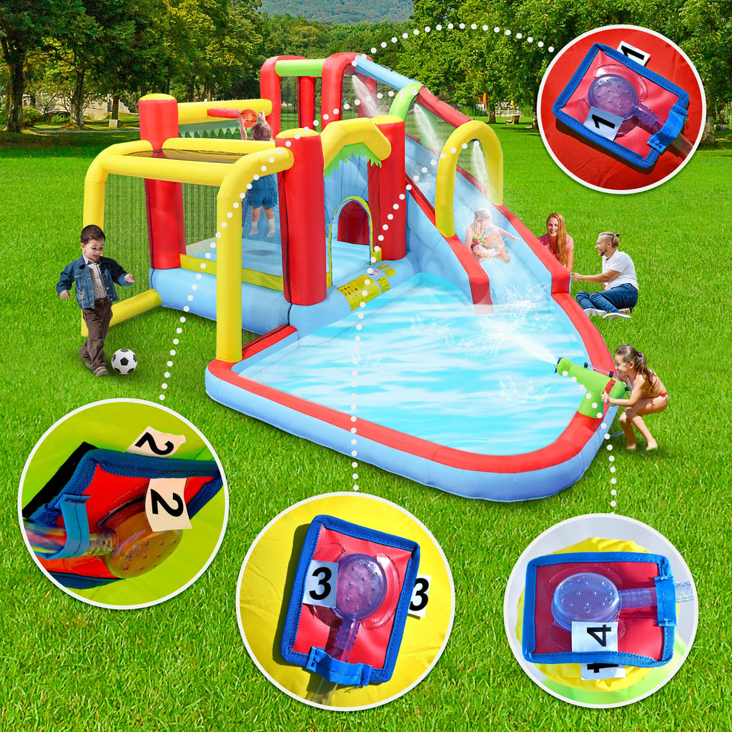 7 in1 Inflatable slide water park bouncing house outdoor Soccer garden bouncer with Splash pool  & Water gun & Climbing wall & Basketball & Football