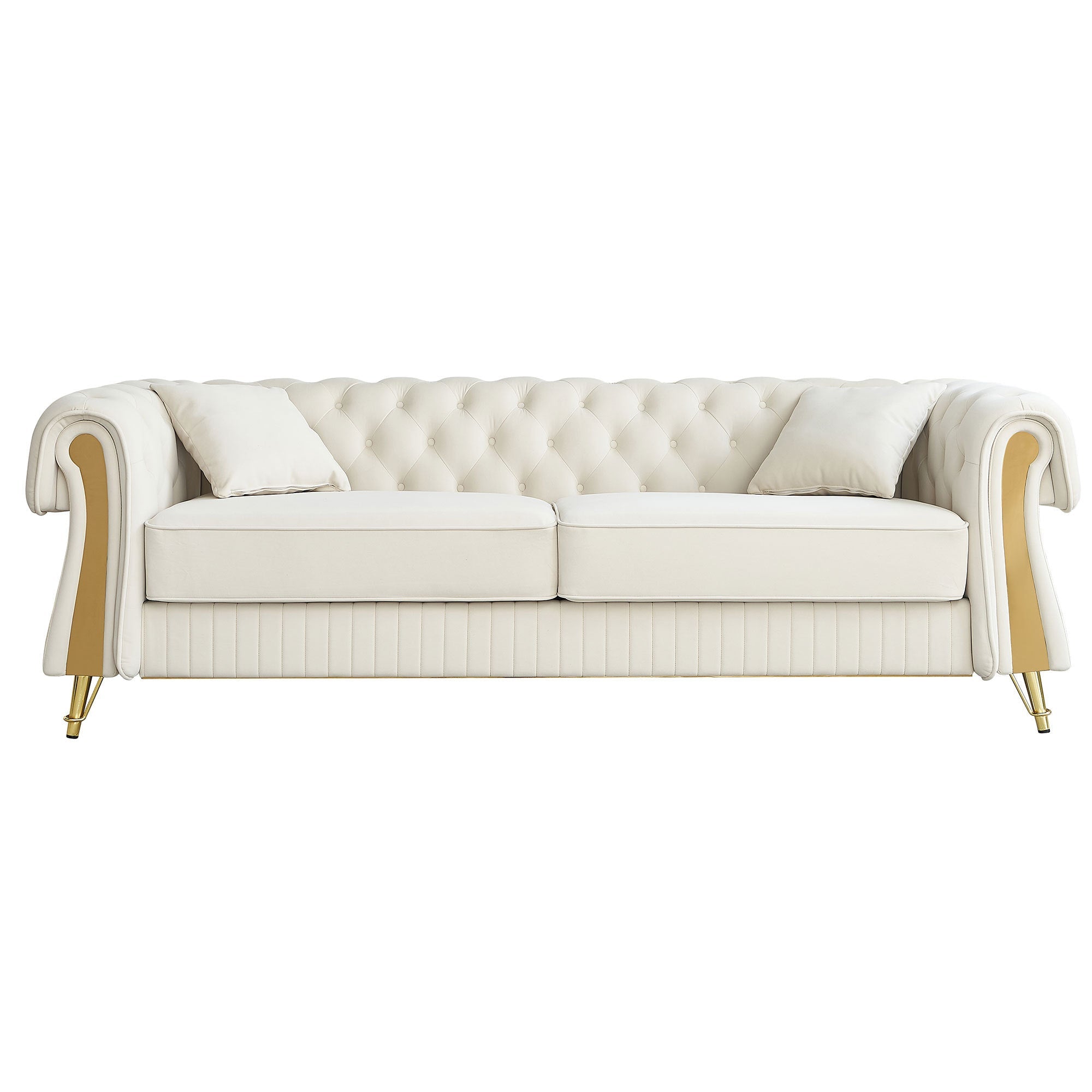 89''W Chesterfield Modern Tufted Velvet Living Room Sofa with Two Seat Cushions and Two Toss Pillows,Beige