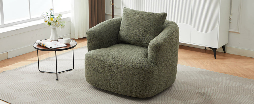 360° Swivel Chair, Chenille Upholstered Barrel Sofa Chair with Throw Pillow, Green, 38.2' for Living Room, Bedroom, Office