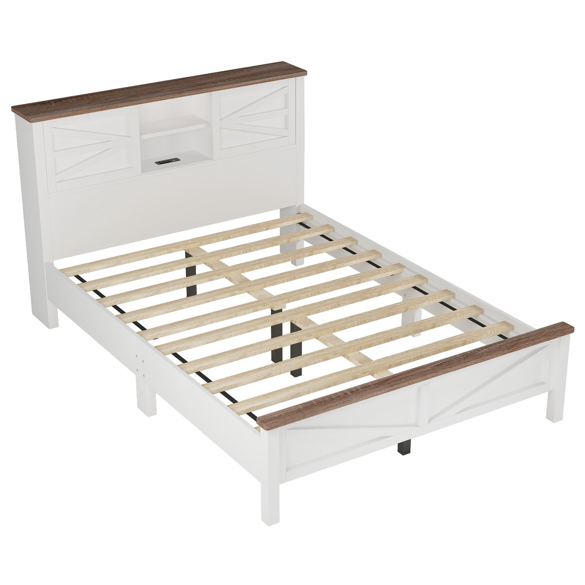 3-Pieces Bedroom Sets Queen Size  Farmhouse Platform Bed with Double Sliding Door Storage Headboard, Storage Nightstand and Dresser, White+Brown(Old SKU HL000092AAK)