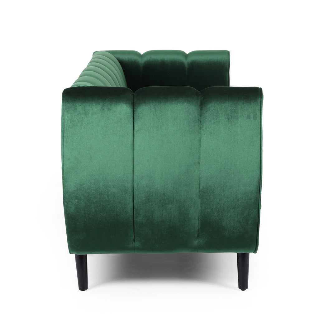 Miranda Velvet 3-Seater Sofa with Channel Stitching in Emerald Velvet and Birch Wood Legs