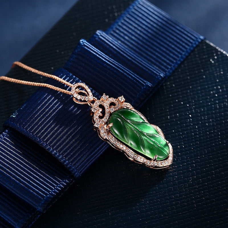 18K Gold Inlaid Emerald Necklace with Diamond Details