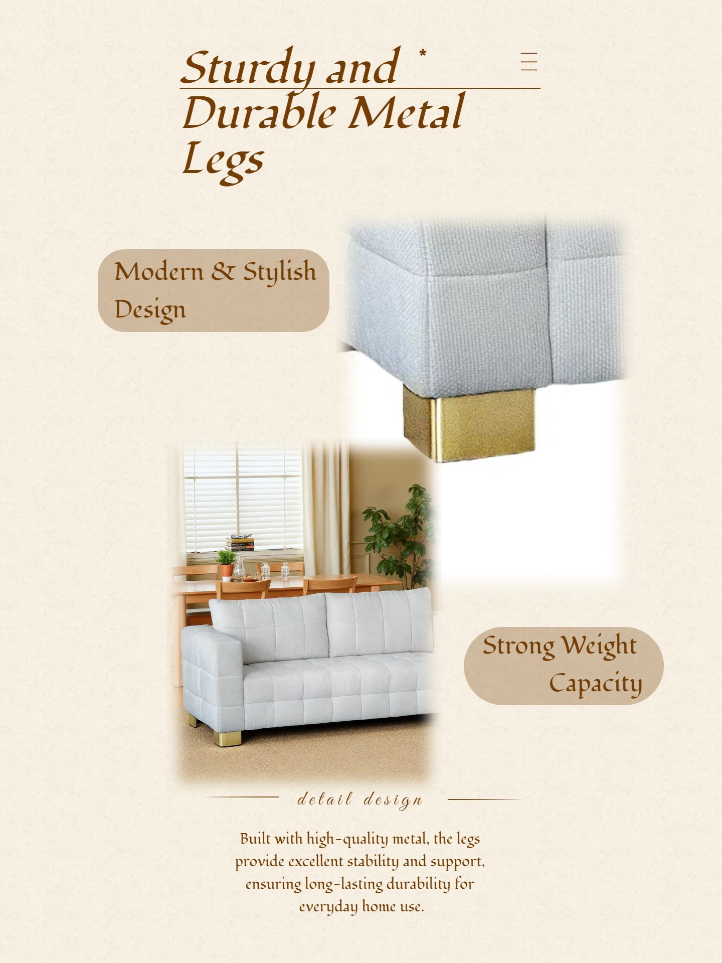 FX-P54-BE SOFA  Contemporary Beige Chenille Couch, Deep-Seat 3-Person Sofa with Wide Armrests & Brushed Stainless-Steel Block Legs Soft Upholstered Sofa for Living Room