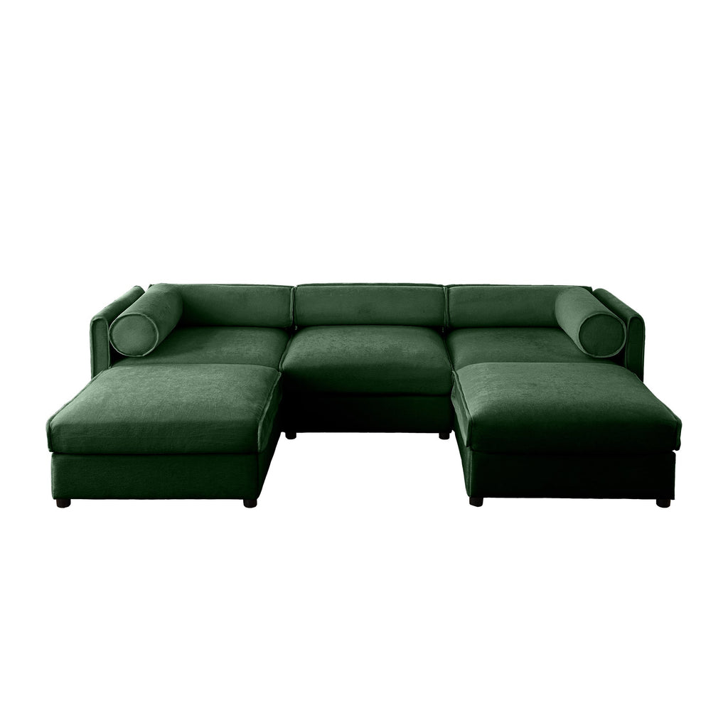 Elegant Green Chenille  Sofa with Storage Seat and Ottoman, U-Shaped 3-Seater Cylindrical Backrest and Armrests, Contemporary 3-Seater Fabric Couch with Hidden Storage Compartment