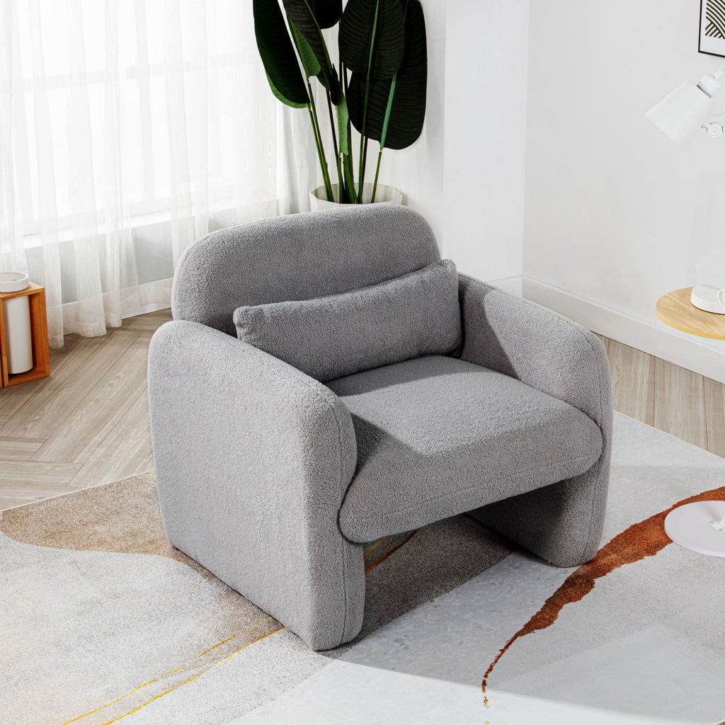 Stylish and Minimalist Teddy Fleece Single Sofa Chair with Arms and Pillow, Armchair, Accent Chair for Living Room, Bedroom, Study,Grey