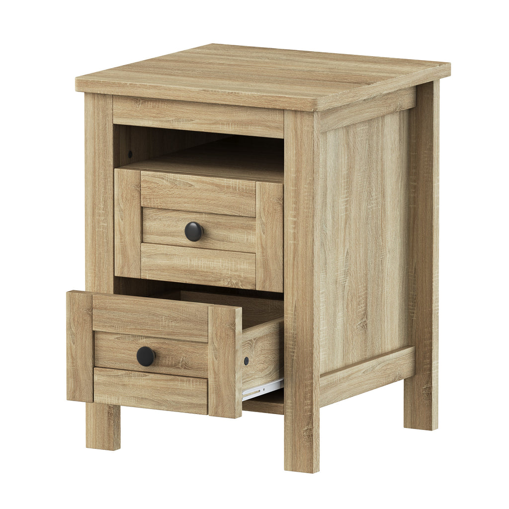 3-Pieces Bedroom Sets Queen Size Farmhouse Platform Bed with Double Sliding Door Storage Headboard and Charging Station, Storage Nightstand and Dresser, Natural