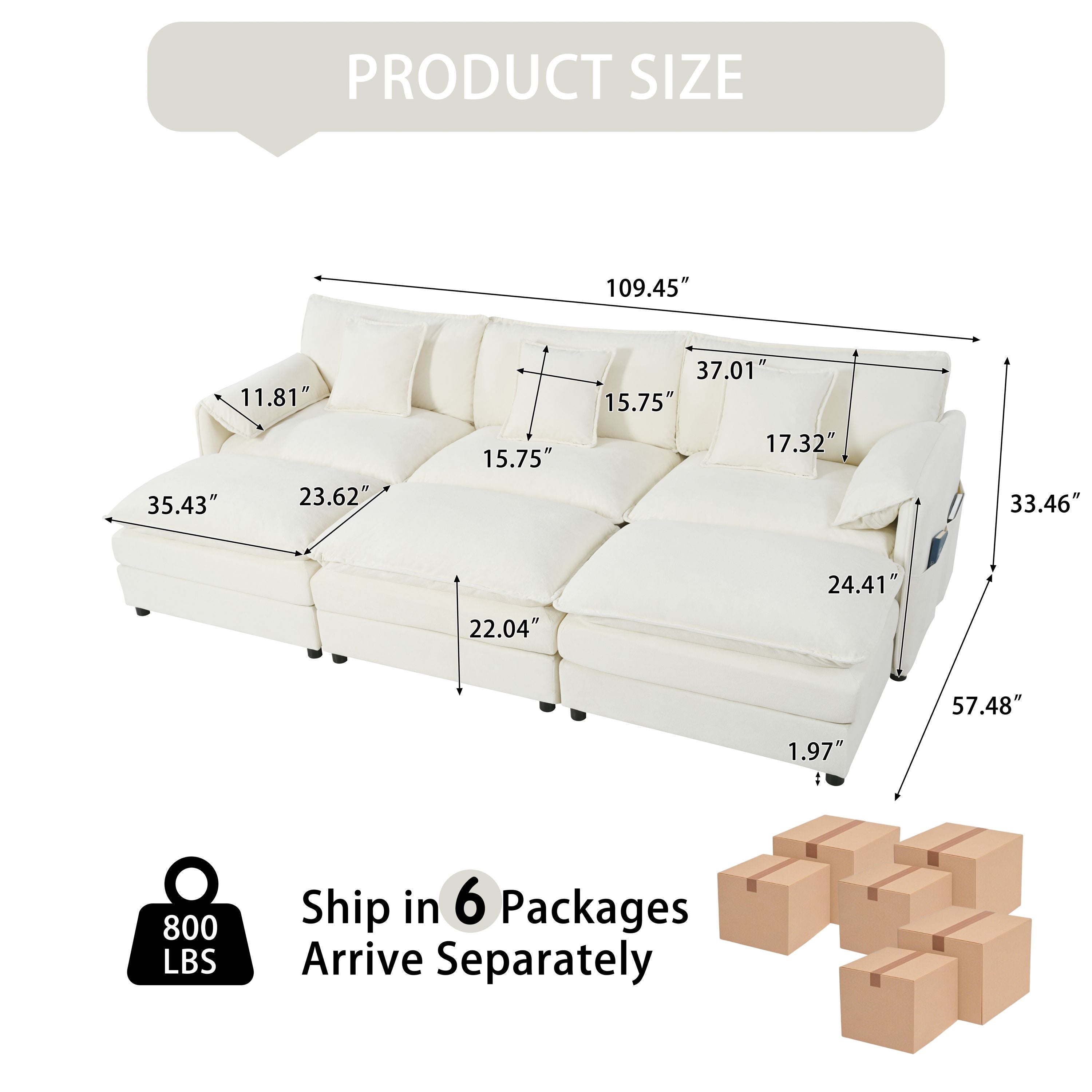 Oversized Deep Seat Sectional Cloud Sofa Sleeper with 3 Ottomans & Soft Pillows, Modular Couch Bed for Living Room, Apartment, DIY Combination Chenille,Beige