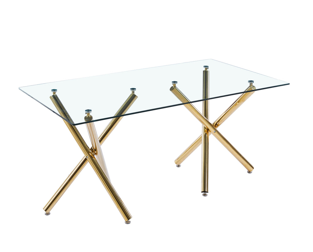 Rectangular Tempered Glass Dining Table with Double Stainless Steel Base, Modern Dining Room Interior Design, For 6 People