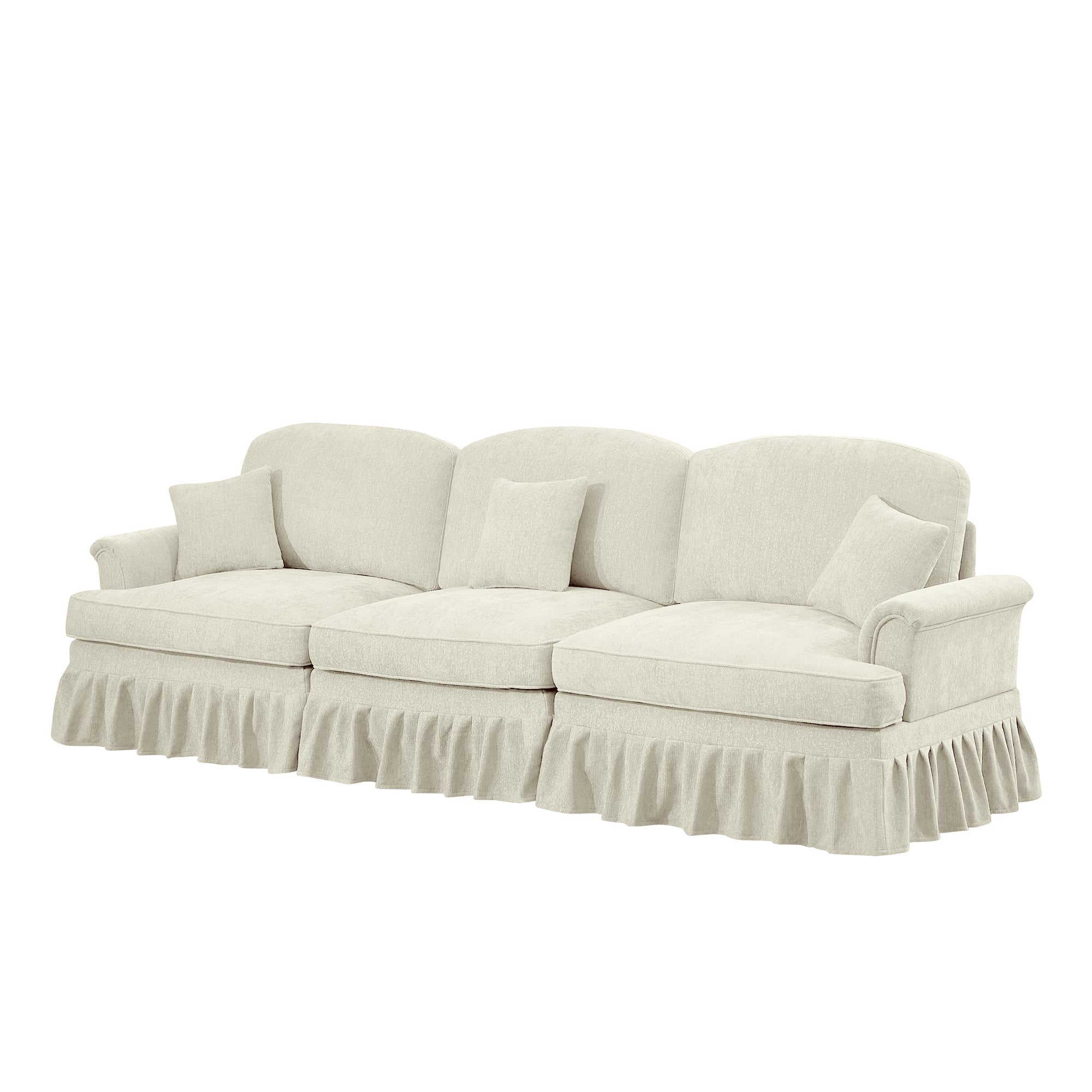 Elegant Mid Century Large 3 Seater Sofa Couch with Flared Arms and Removable Ruffles Pleats Skirts and Spindle Legs, Comfy Chenille Three-Seat Sofa for Living Room, Beige White