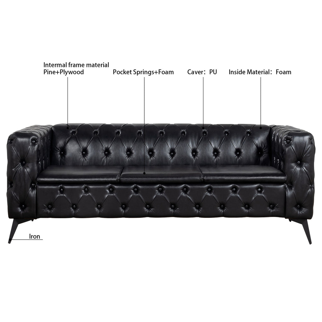 Traditional Square Arm Sofa with Removable Cushions in Black PU, 84.06 Inch Width