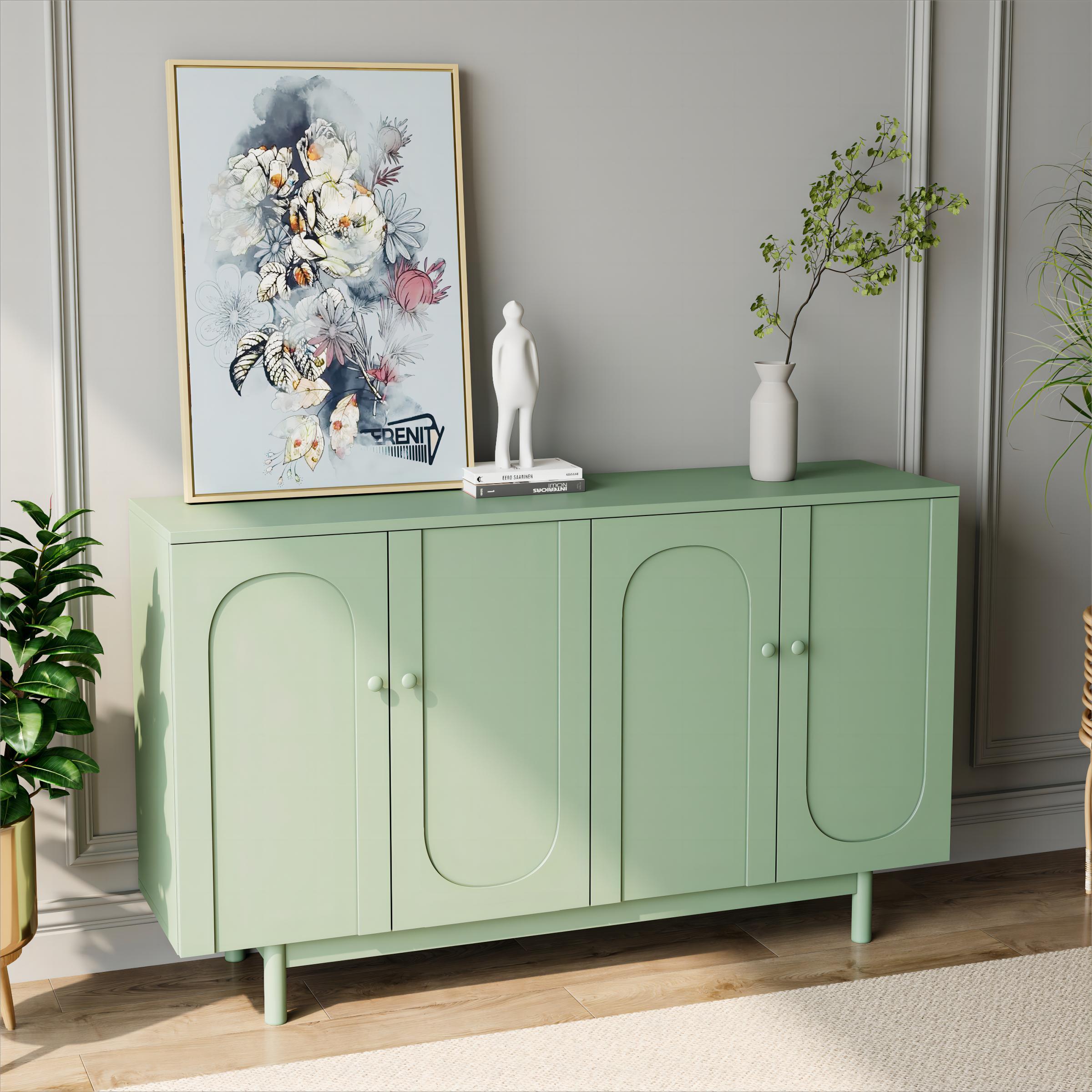 Stylish and Functional 4-Door Intaglio Storage Cabinet with Pine Legs, Solid Wood Pulls and MDF, for Living Room Bedroom,and Kitchen,Mint Green