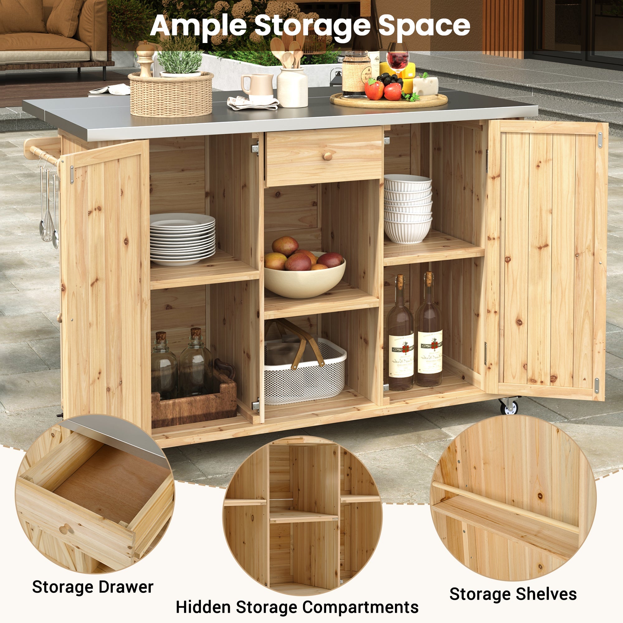 Outdoor Kitchen Island Fir Wood Kitchen Island with Stainless Steel Top, Ample Storage Space, Towel and Spice Racks, Bottle Opener, Natural