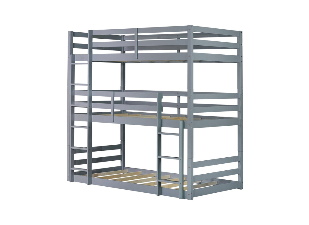Triple Rubber Wood Bunk Bed with Two Built-in Ladders, Guardrails, Twin over Twin over Twin, Detachable Triple Twin Bunk Bed,Grey
