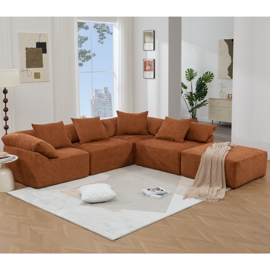 142' L Shaped Modular Sectional Sofa,No Assembly,5 Piece Couch, Convertible Sleeper Couch,Full-Compressed Couch,Free-Combined Couches,5 Seat & Ottoman,Chenille,Orange