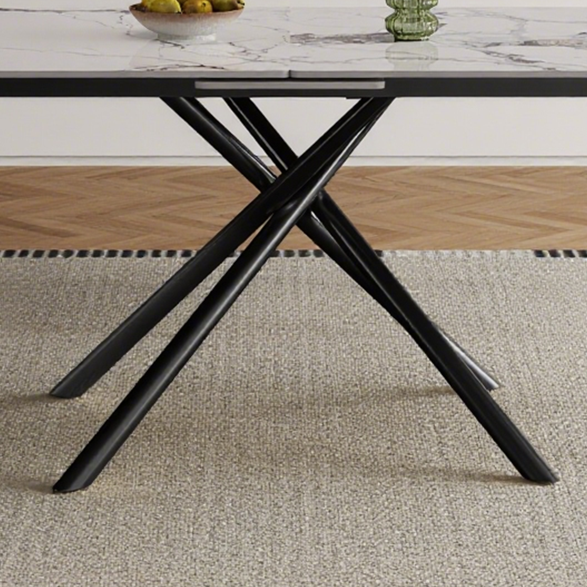 59-inch Modern rectangle Expandable Dining Table with Retractable Leaf, Sintered Stone Top & Black Carbon Steel X-Base, Sturdy 4-6 Person Table for Small Apartments, Kitchen, Dining Room