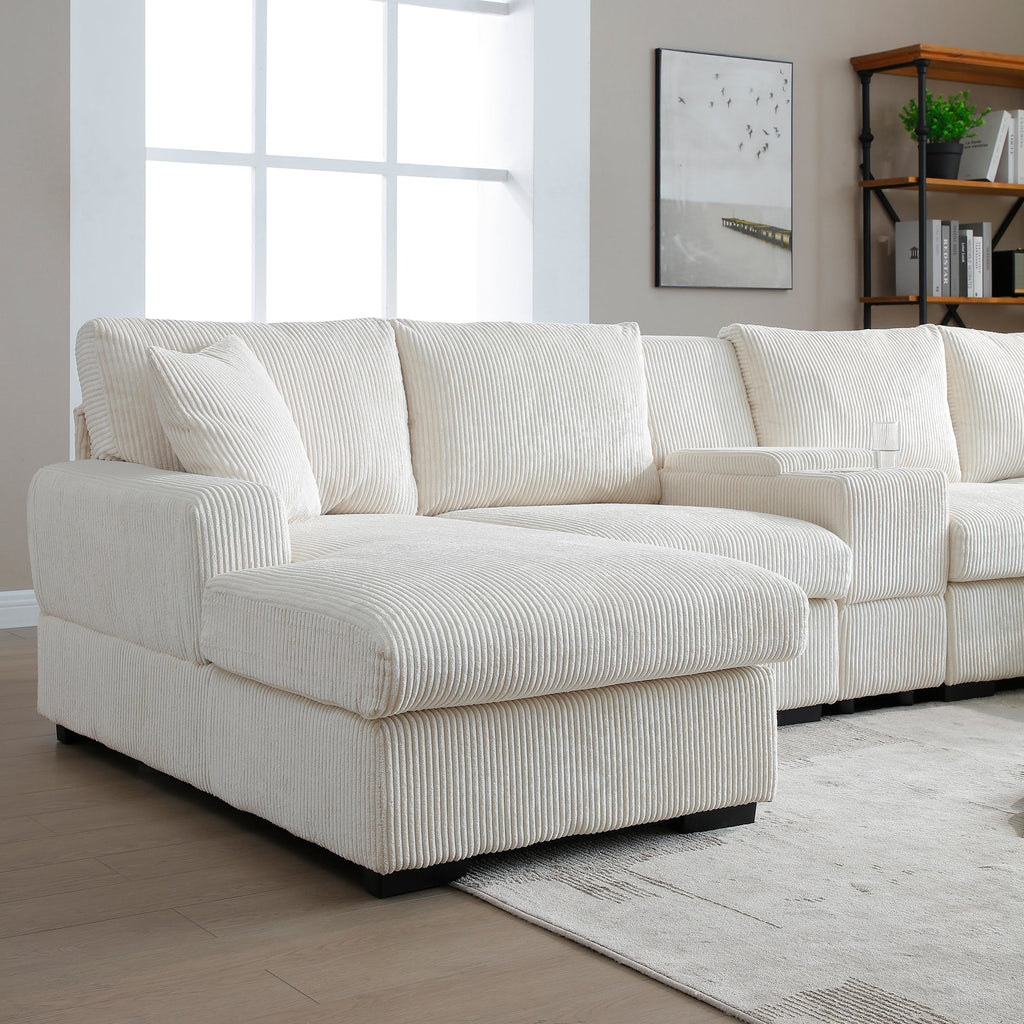 U Shaped Cloud Couch Sectional Sofa for Living Room,126' Oversized Comfy Cloud Sofa with Console,Cup Holder ,Double Chaise, Beige