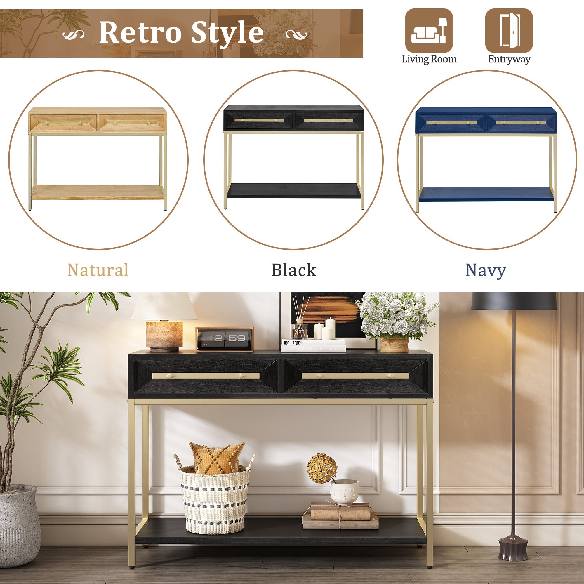 TREXM Entryway Table, Console Table with Two Drawers, Retro Hallway Table with Striking Geometric Design for Entryway and Living Room (Black)