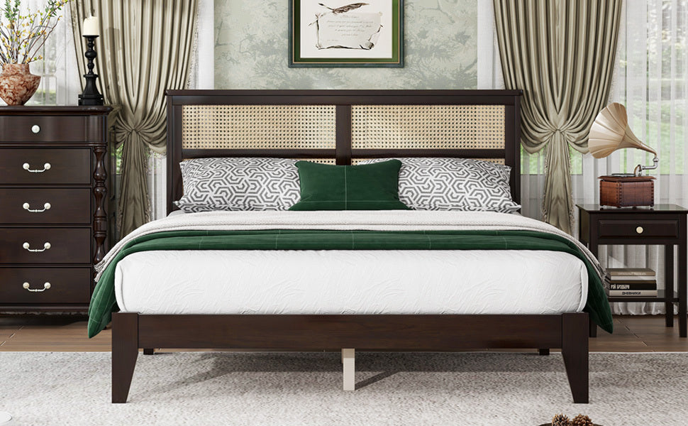 Queen Size Rubber Wooden, Solid Wooden Bed with Rattan Headboard, Enhanced by Support Feet,Espresso
