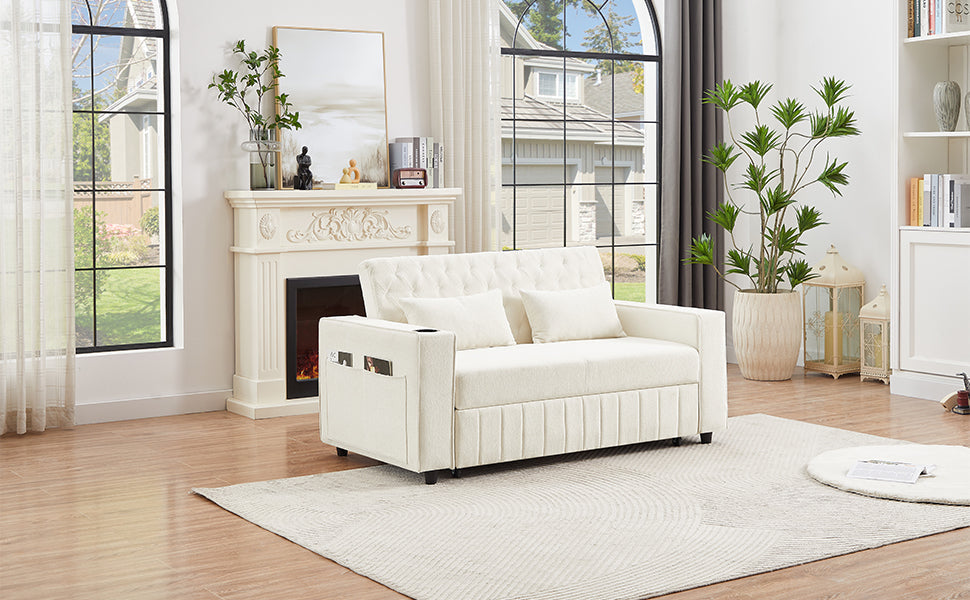 61.4' Pull-out Sofa Bed Convertible Couch Loveseat Sofa Modern Sleeper Sofa with Adjustable Backrest for Living Room, Beige