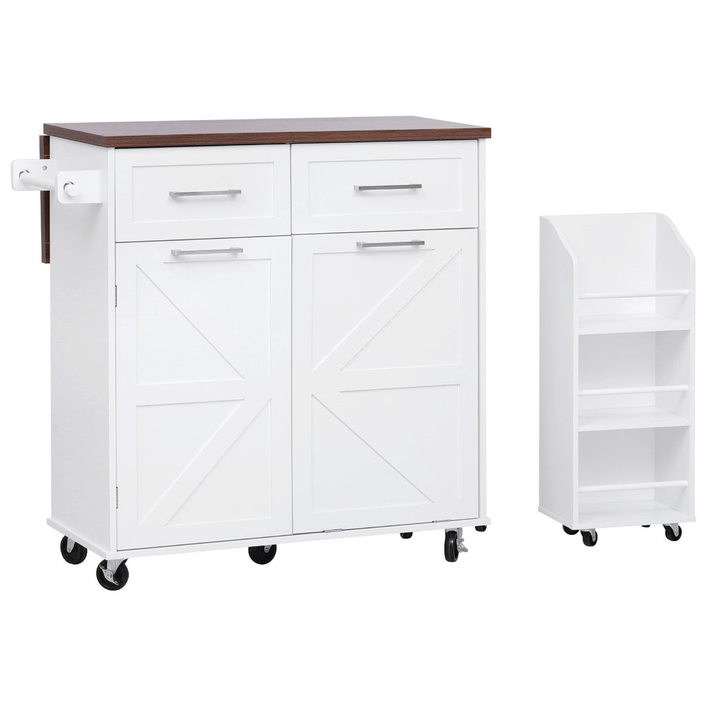 K&K 47.2' Farmhouse Kitchen Island with Drop Leaf, Kitchen Storage Island with Removable Side Racks, Two Drawers, Rolling Kitchen Cart on Wheels with Towel Rack, for Home, Kitchen, Dining Room, White