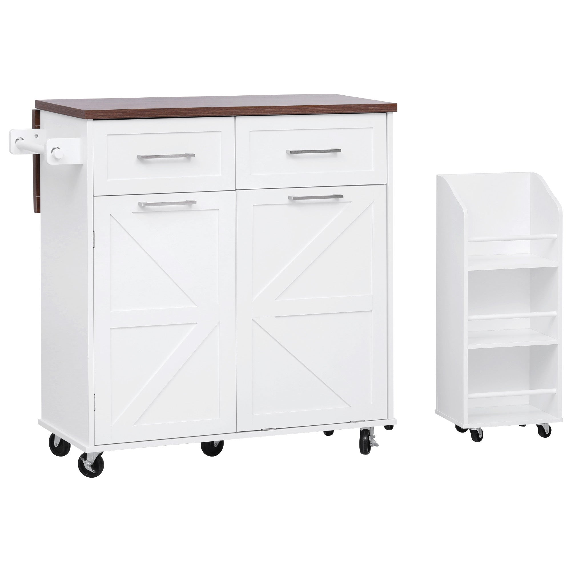 K&K 47.2' Farmhouse Kitchen Island with Drop Leaf, Kitchen Storage Island with Removable Side Racks, Two Drawers, Rolling Kitchen Cart on Wheels with Towel Rack, for Home, Kitchen, Dining Room, White