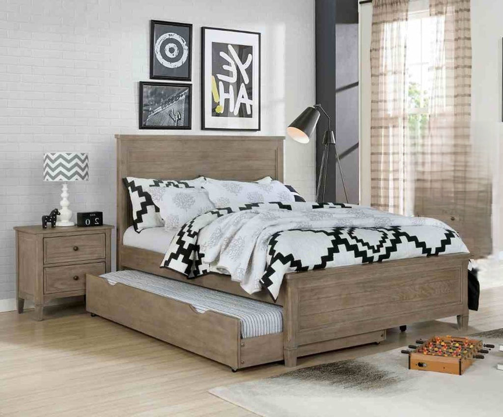 Transitional Full Size Bed w Trundle 2x Nightstands Warm Gray Bedroom Furniture Wood Grain Texture 3pc Set