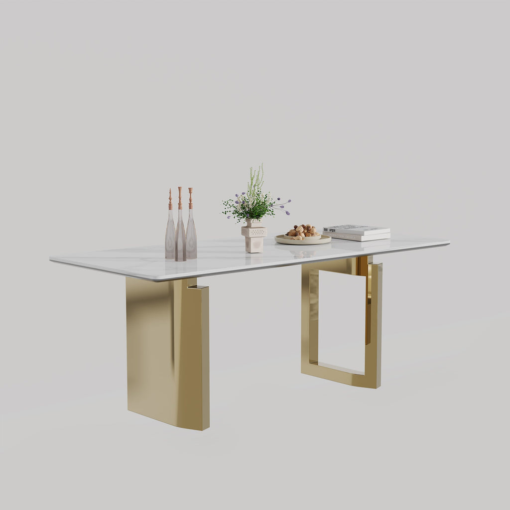 0.47' Thick Sintered Stone Composite Tempered Glass Top Rectangular Dining Table with Stainless Steel Base