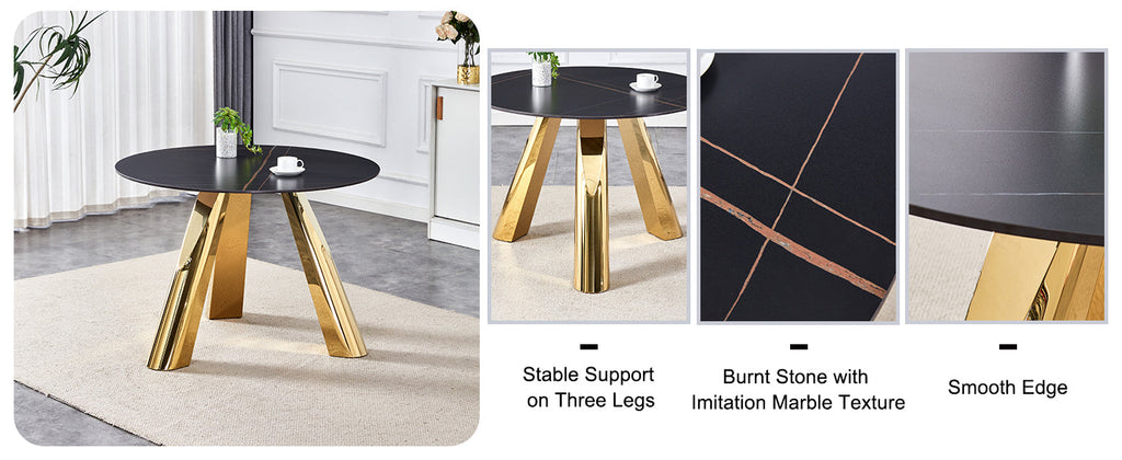 The 42-inch stainless steel gold-plated flamed granite round table with seating for 4 or 6 people is perfect for dining, entertaining, or as a conference table