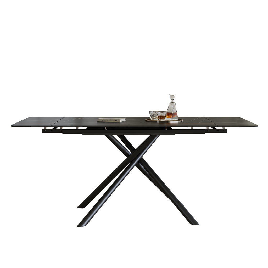 Modern Retractable Sintered Stone Dining Table with Black Carbon Steel Legs, 83 Inches for 6-8 Seats