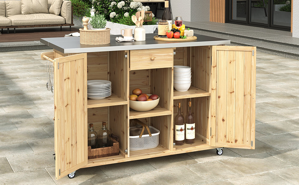 Outdoor Kitchen Island Fir Wood Kitchen Island with Stainless Steel Top, Ample Storage Space, Towel and Spice Racks, Bottle Opener, Natural