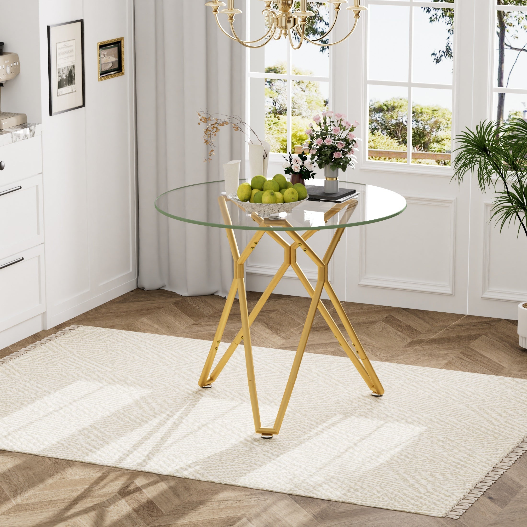 Modern Round Tempered Glass Dining Table with Sturdy Metal Legs for 1-4 People, Gold, 35.4 Inches