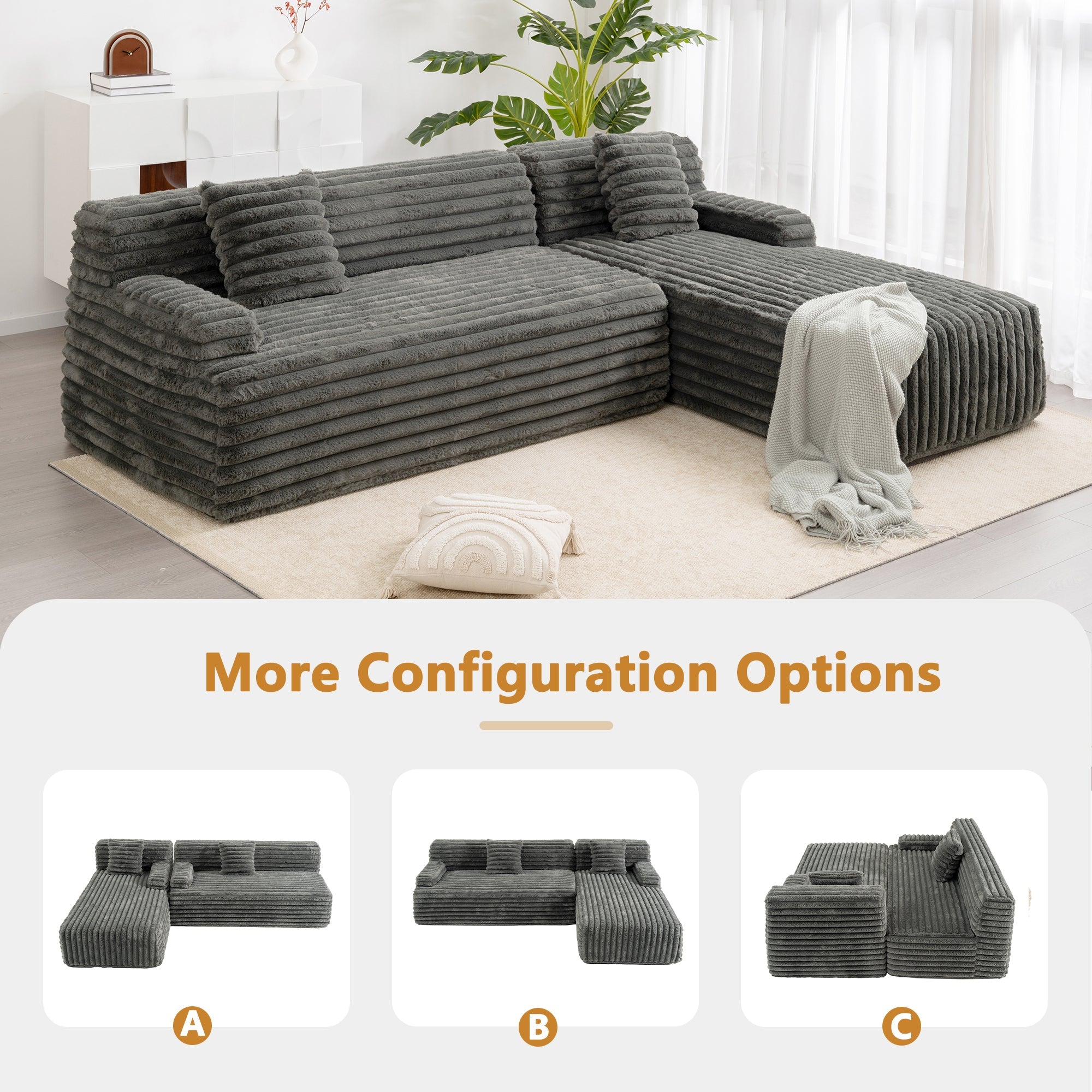 Cloud Sectional Sofa Upholstered Couch with Free-combined Design in Dark Gray Faux Rabbit Fur, 110'