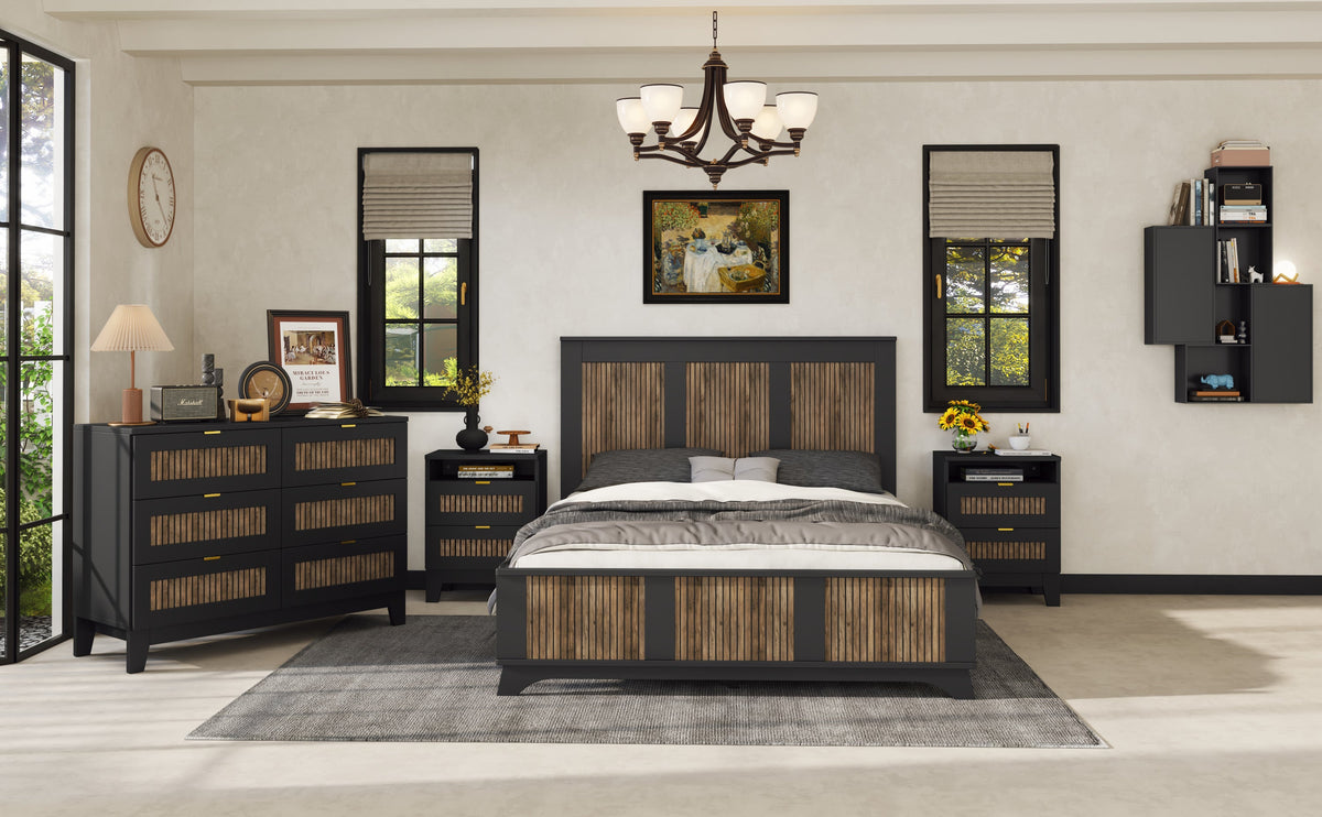 4-Pieces Bedroom Sets, Queen Size Farmhouse Platform Bed with Wooden Strip Stickers Decoration, Storage Nightstand and Dresser with Metal Handle, Black(Old SKU: HL000191AAB)