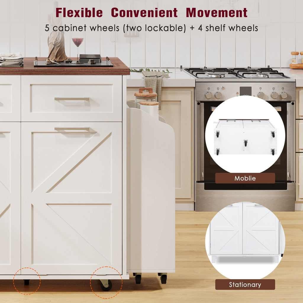 K&K 47.2' Farmhouse Kitchen Island with Drop Leaf, Kitchen Storage Island with Removable Side Racks, Two Drawers, Rolling Kitchen Cart on Wheels with Towel Rack, for Home, Kitchen, Dining Room, White