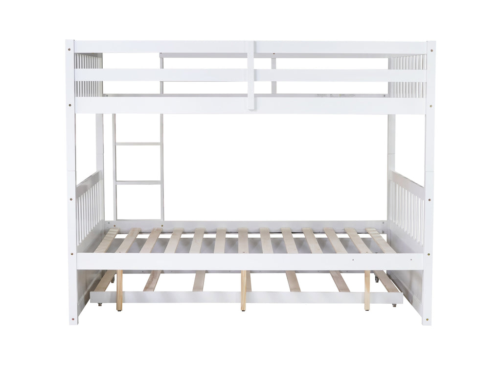 Full Over Full Rubber Wood Bunk Bed with Trundle, Ladder and Guardrails, Convertible to 2 Full Size Beds, with Twin Size Trundle,White
