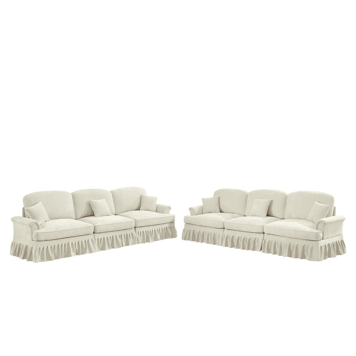 Classic 2 Piece Modular Couch Living Room Sofa Set with Flared Arms and Removable Ruffles Pleats Skirts and Spindle Legs, 3 Seater Sofa +3-Seat Loveseat Sofa Sets for Living Room, Beige White