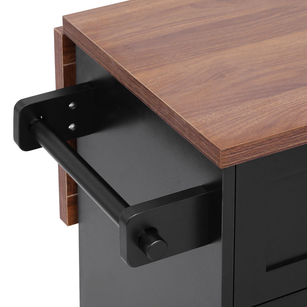 K&K 47.2' Farmhouse Kitchen Island with Drop Leaf, Kitchen Storage Island with Removable Side Racks, Two Drawers, Rolling Kitchen Cart on Wheels with Towel Rack, for Home, Kitchen, Dining Room, Black