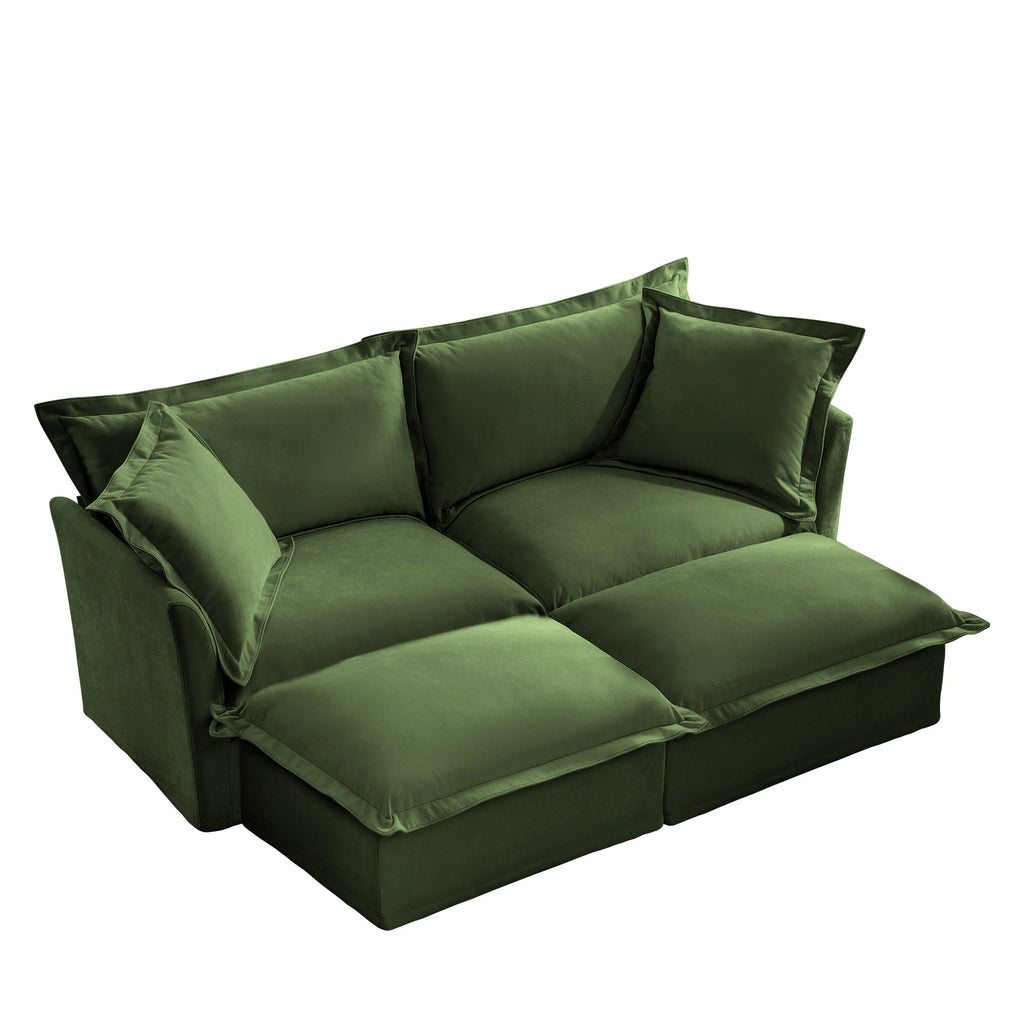 Slipcovered Sofa 2 Seater Sofa    With 2 Ottomans, 2 Seater Sleeper Sofa Bed Home Theater Oversized Sofa For Living Room,  Chenille, Green