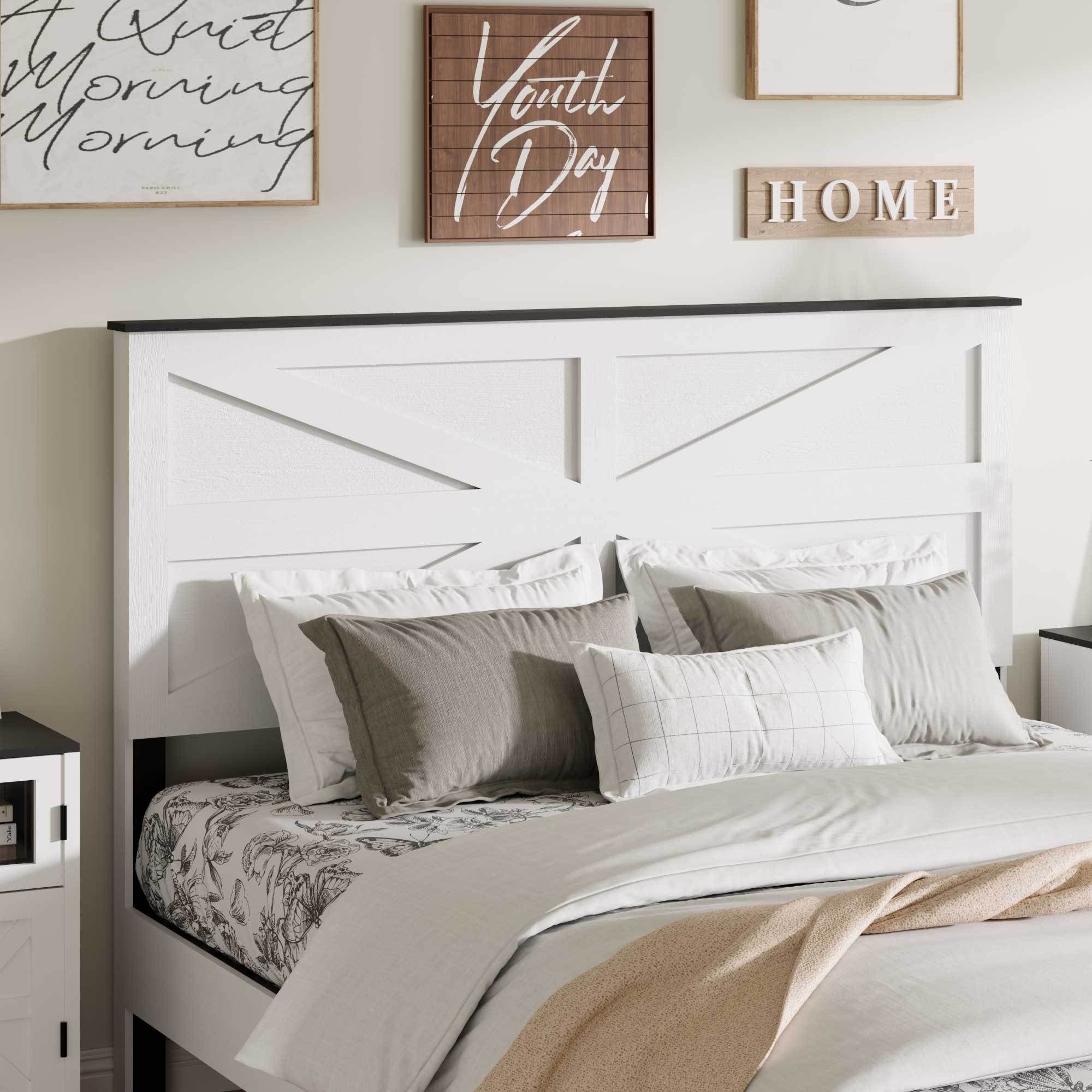 Queen Bed Frame Headboard , Wood Platform Bed Frame , Noise Free,No Box Spring Needed and Easy Assembly Tool,Large Under Bed Storage,White