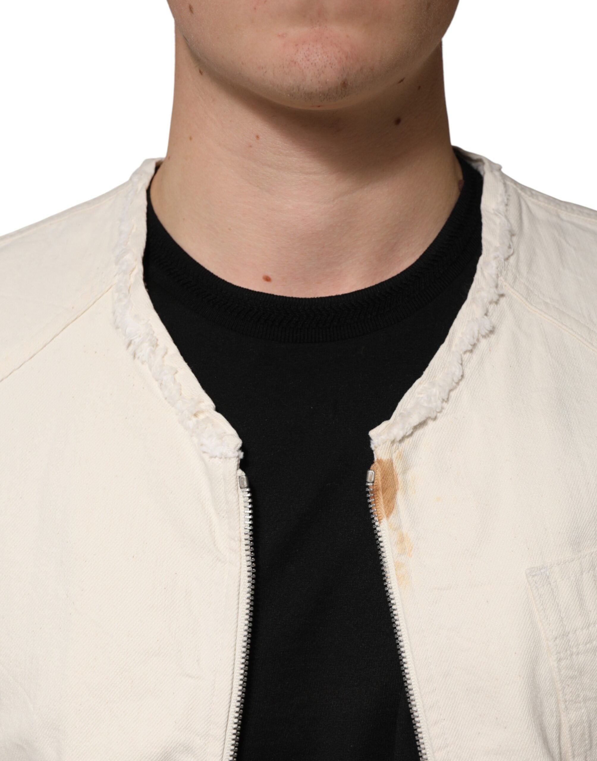 Dolce & Gabbana Off White Cotton Full Zip Denim Men Blouson Jacket