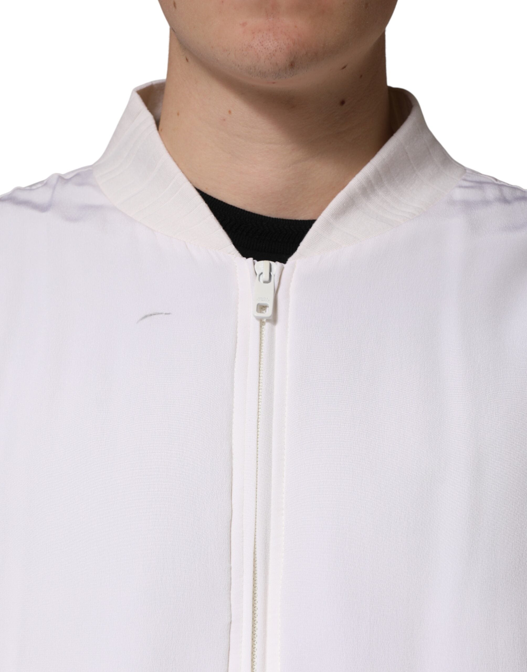 Dolce & Gabbana White Silk Full Zip Bomber Blouson Jacket