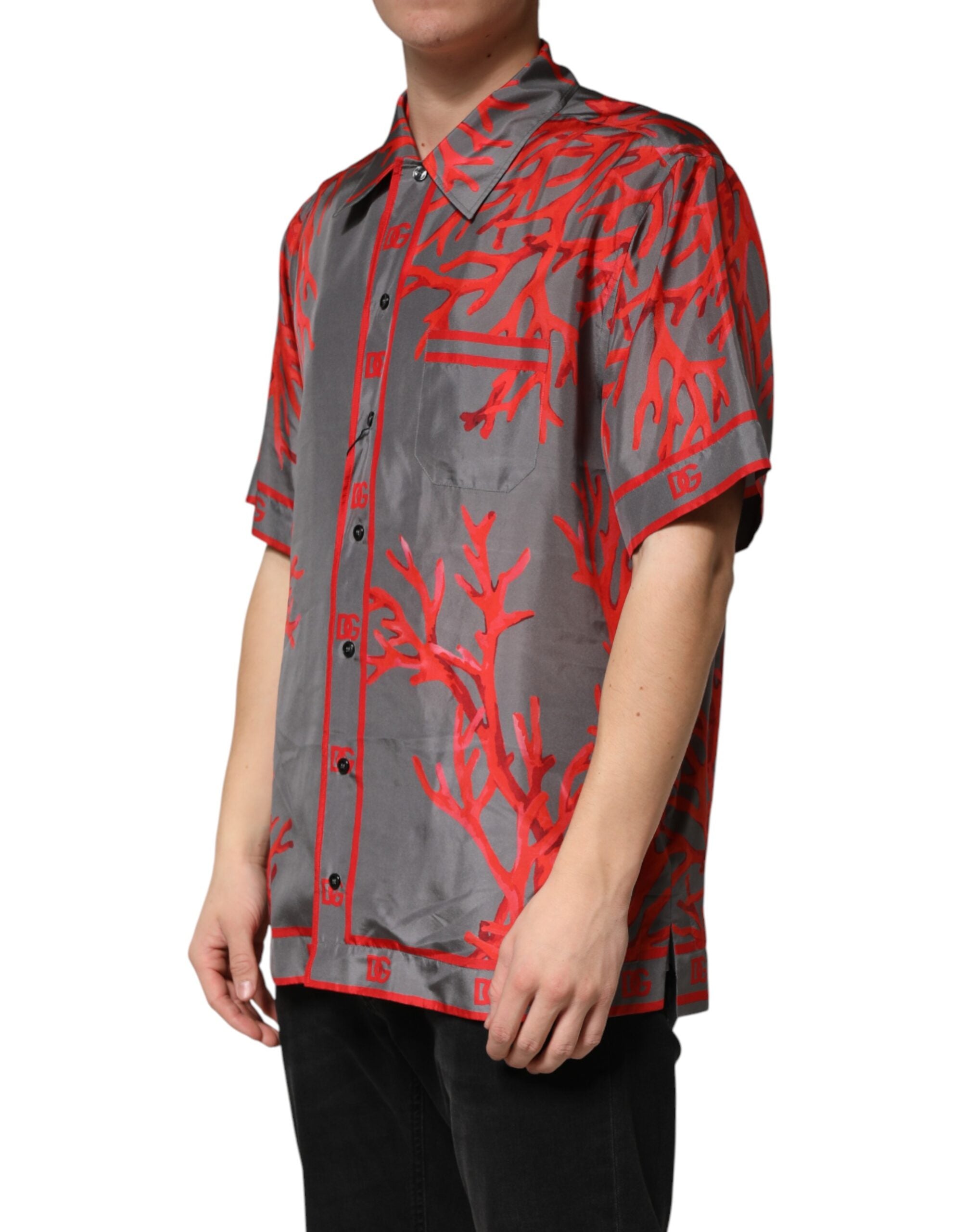 Dolce & Gabbana Gray Red Corals Short Sleeves Casual Shirt
