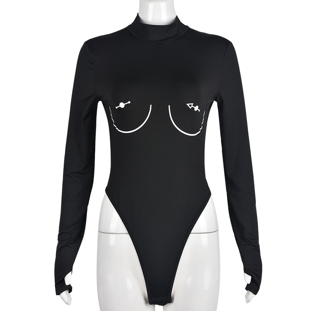 Sexy Long Sleeved Printed High Elastic Bodysuit Hollow Out Cutout Women Top