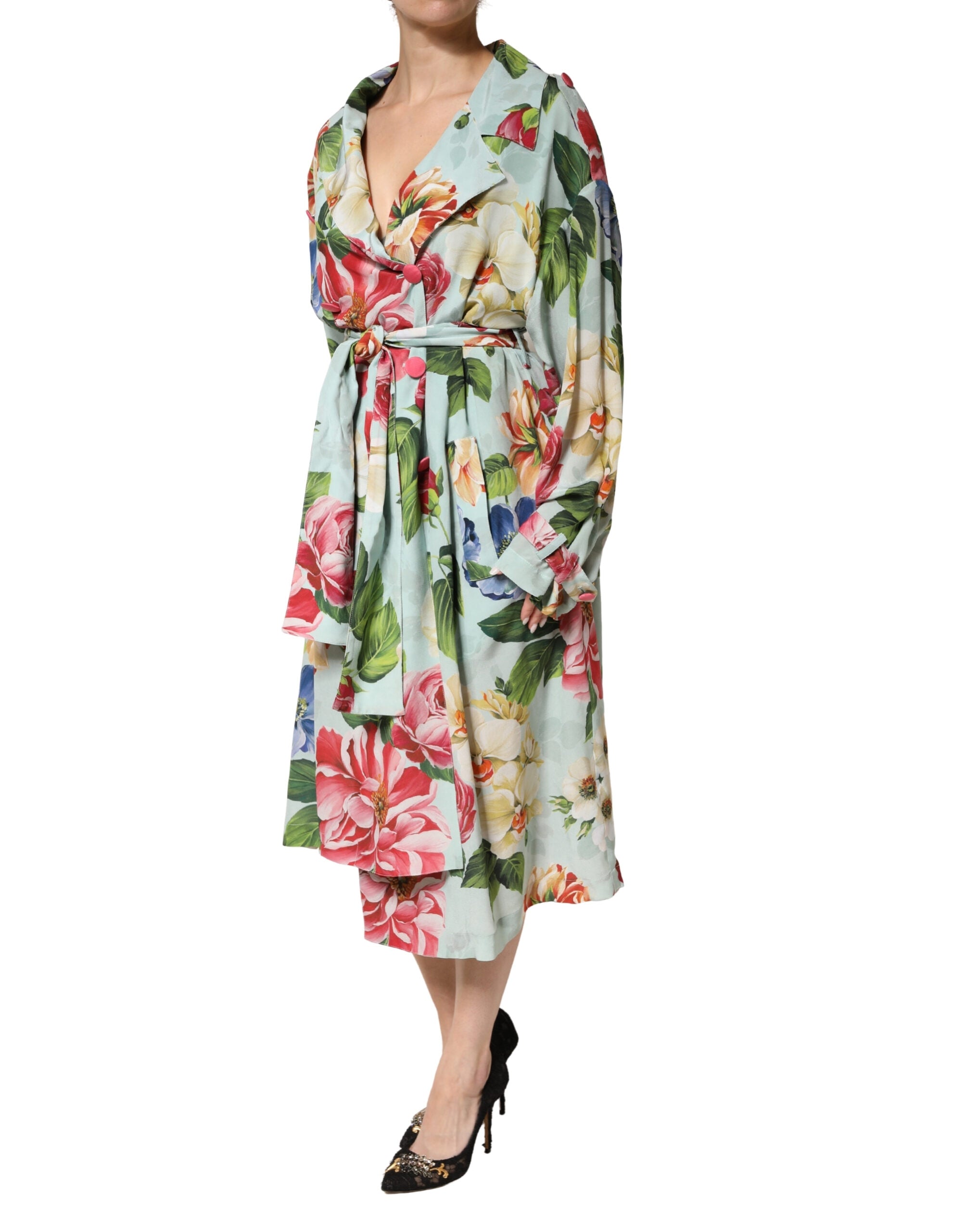 Dolce & Gabbana Green Floral Silk Wrap Midi Long Sleeve Dress
