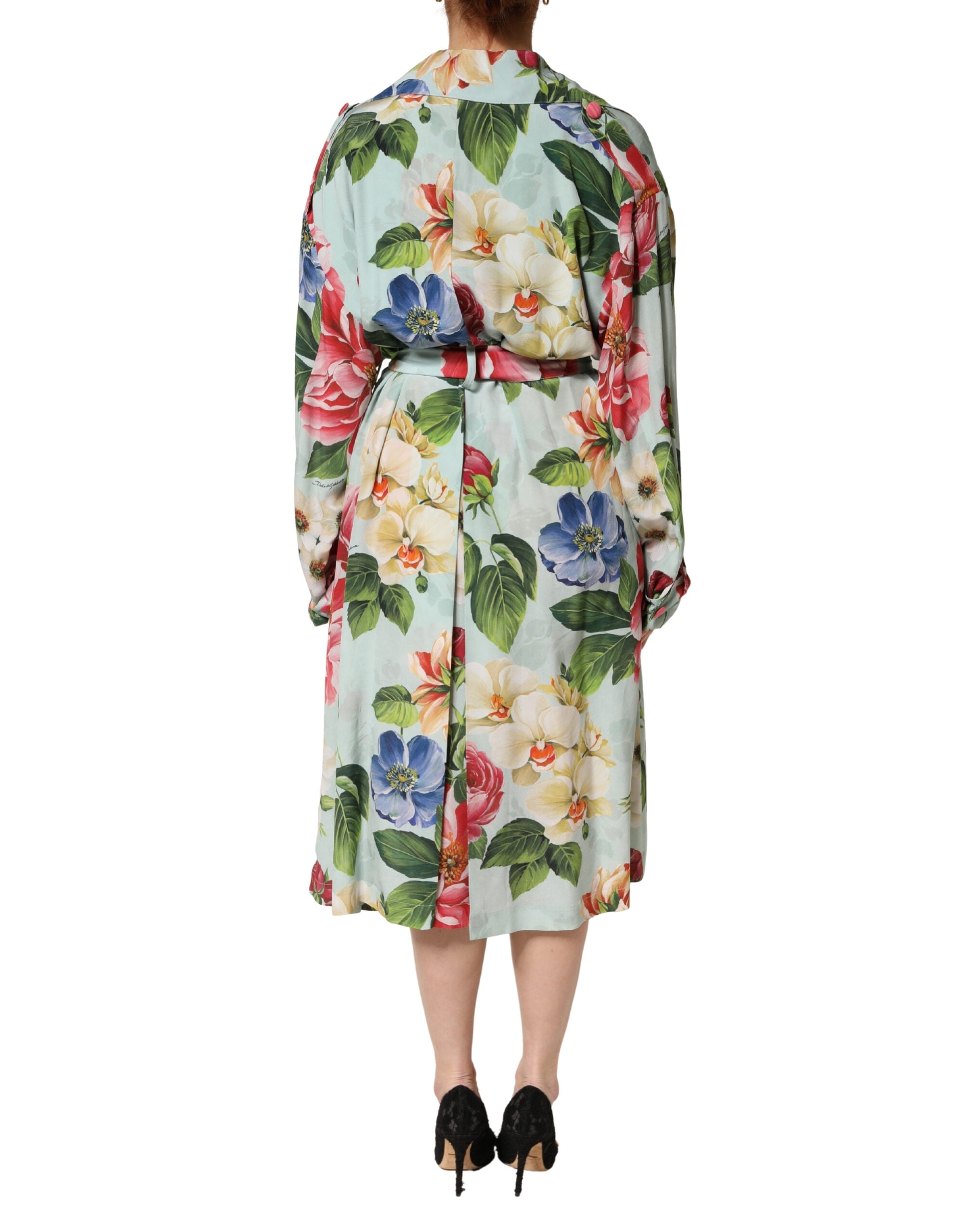 Dolce & Gabbana Green Floral Silk Wrap Midi Long Sleeve Dress