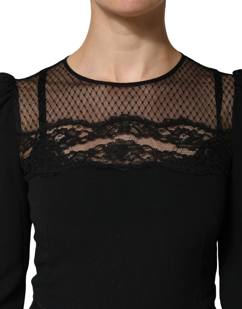 Dolce & Gabbana Black Lace Sheer Panel Midi Long Sleeve  Dress