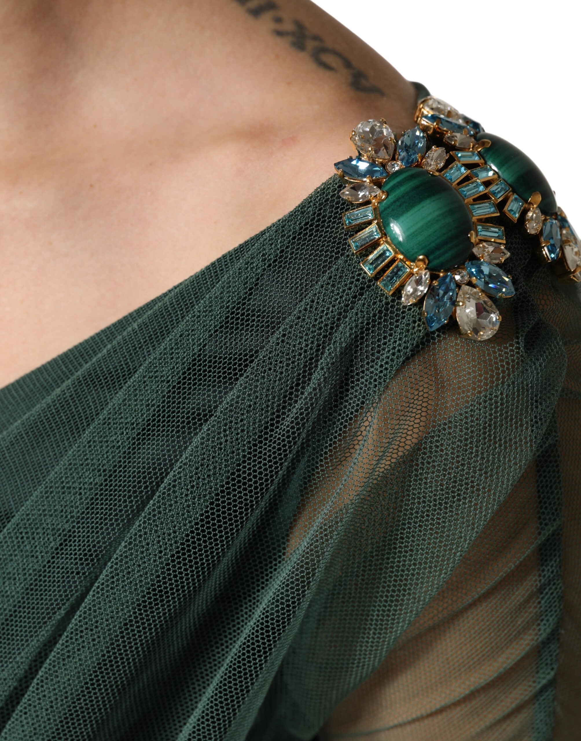 Dolce & Gabbana Green Ruched Mesh Sheer Sleeves Midi Dress